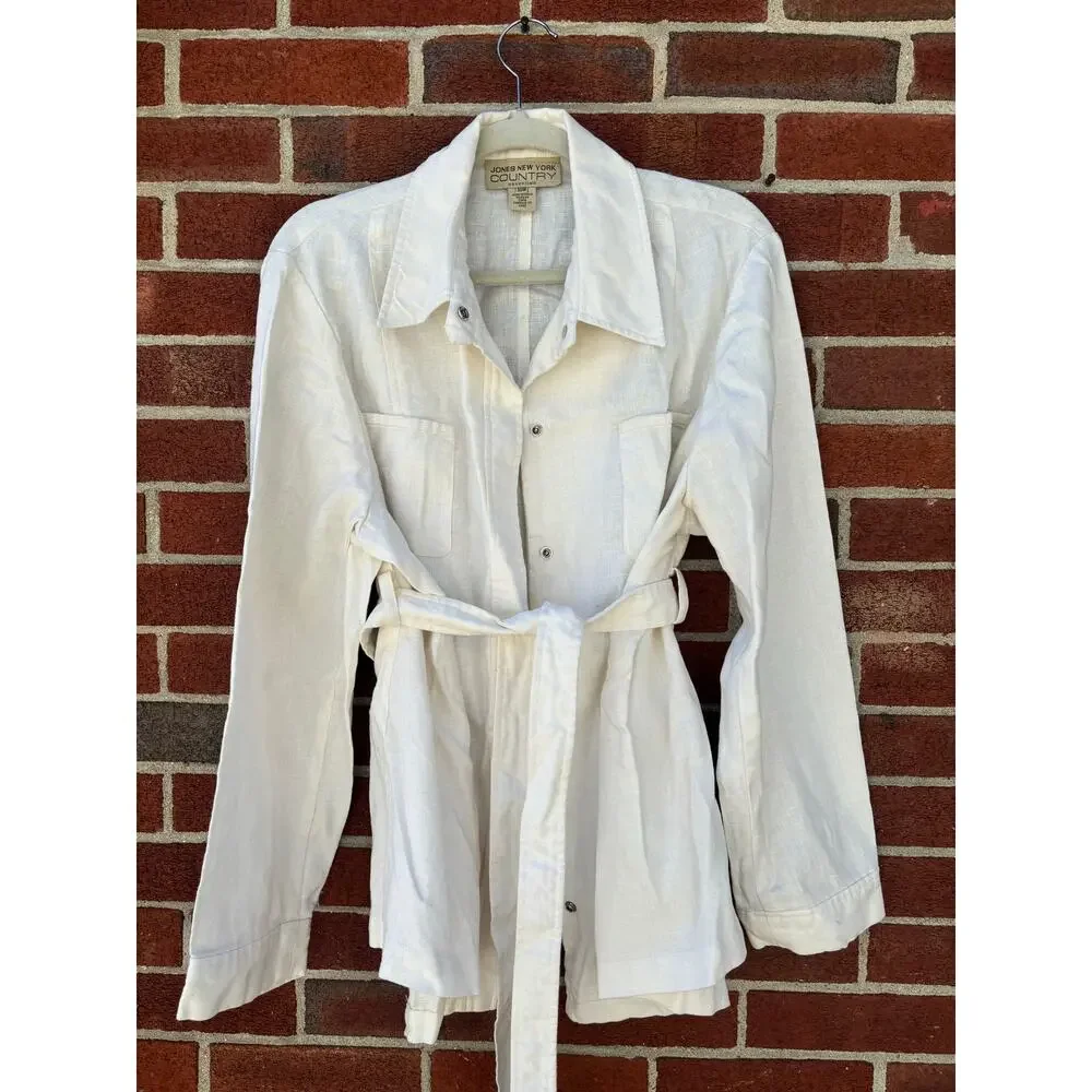 Jones New York Country White Linen Blend Belted Button Up Jacket Shirt Women’s - Picture 6 of 15